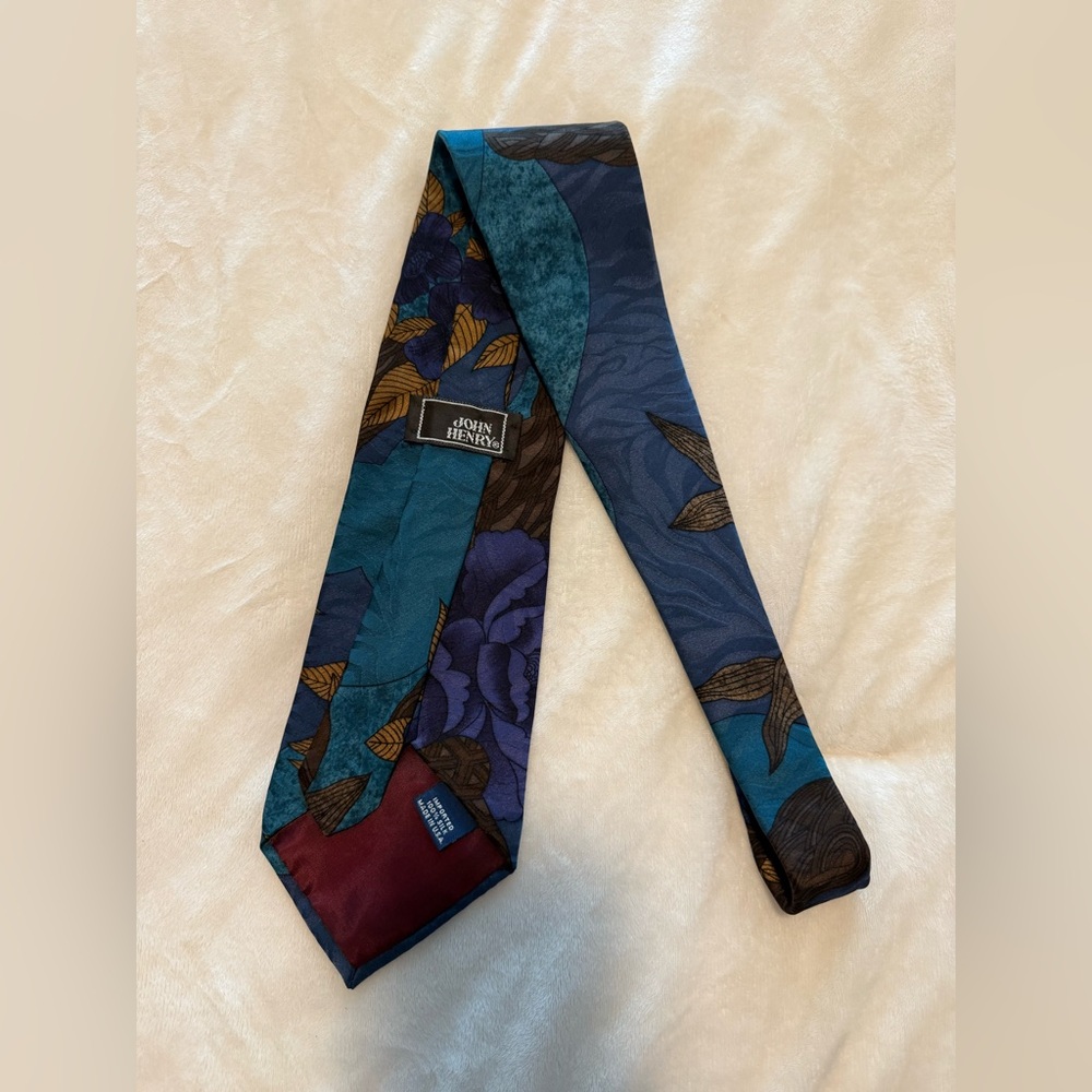 John Henry 100% Silk Tie deep teal, and royal blue, accented with dark brown.